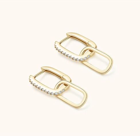 14K Solid Gold over S925 Silver 0.16 Carat Diamond Earrings, Round Cut Double-Ring Hoop Earrings for Women, Luxurious Design, Tassel Ear Adornments in Saudi Arabia
