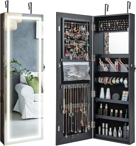 خزانة مجوهرات مرآة LED Charmaid ، 47.2 '' المجوهرات armoire مع مرآة كاملة الطول المضاءة ، مثبتة على الحائط أو معلقة ، تخزين منظم المجوهرات القابل للقفل (أبيض رمادي ، 47.2'H) in Saudi Arabia