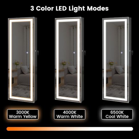خزانة مجوهرات مرآة LED Charmaid ، 47.2 '' المجوهرات armoire مع مرآة كاملة الطول المضاءة ، مثبتة على الحائط أو معلقة ، تخزين منظم المجوهرات القابل للقفل (أبيض رمادي ، 47.2'H) in Saudi Arabia