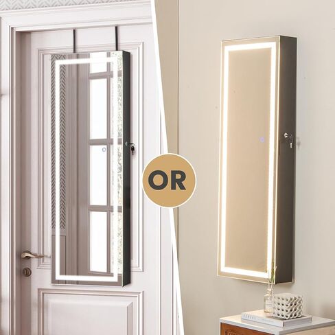 خزانة مجوهرات مرآة LED Charmaid ، 47.2 '' المجوهرات armoire مع مرآة كاملة الطول المضاءة ، مثبتة على الحائط أو معلقة ، تخزين منظم المجوهرات القابل للقفل (أبيض رمادي ، 47.2'H) in Saudi Arabia