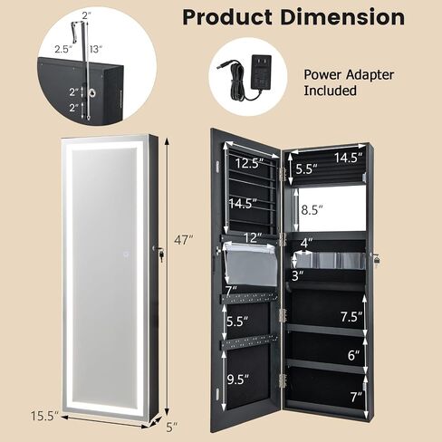 خزانة مجوهرات مرآة LED Charmaid ، 47.2 '' المجوهرات armoire مع مرآة كاملة الطول المضاءة ، مثبتة على الحائط أو معلقة ، تخزين منظم المجوهرات القابل للقفل (أبيض رمادي ، 47.2'H) in Saudi Arabia