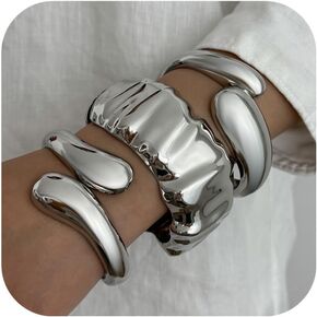 Chunky Gold Bangle Bracelets for Women Trendy Silver Irregular Statement Cuff Bracelets Stack Wide Wire Minimalist Fashion Jewelry