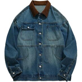 Men's Denim Jacket With American Corduroy Collar And Large Pockets, Solid Color Casual Loose Denim Jacket in Saudi Arabia