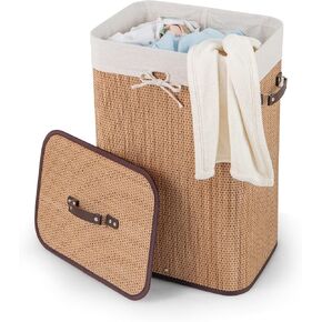 Byroce Bamboo Laundry Basket, Collapsible Laundry Hamper with Lid, Removable Liner & Handles, Dirty Clothes Toys Storage Bin for Laundry Room, Bedroom, Bathroom (Brown) in Saudi Arabia