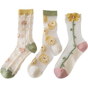 الجوارب الصيفية للسيدات شبكة شبكية لطيفة فستان الأزهار جورب نايلون شفافة انظر من خلال جوارب 3 أزواج in Kuwait