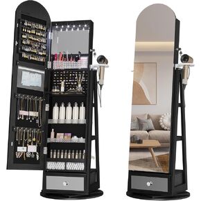 LVSOMT LED LED MIRROR Jewelry Cabinet Standing ، مجوهرات قابلة للقفل مع مرآة كاملة الطول ومصابيح LED قابلة للتعديل ، منظم مجوهرات لتوفير الفضاء مع المرآة (أسود) in Kuwait