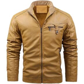 Men's Stand Up Collar Button Splicing Thickened Warm Pu Imitation Leather Motorcycle Jacket Solid Color Casual Loose Jacket in Kuwait