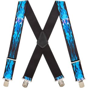 Novelty Flames Suspenders - 2-Inch Wide Elastic - X-Back - Pin Clip - 4 Colors & 4 Sizes Includes Big & Tall