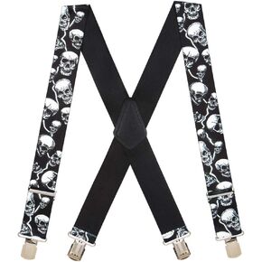 Novelty Skull Design Suspenders - 2-Inch Wide Elastic - X-Back - Pin Clip - 4 Sizes Including Big & Tall