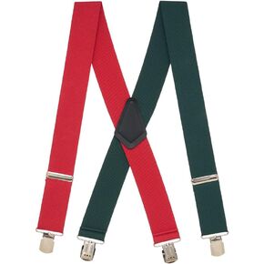 Novelty Red/Green Suspenders - 2 Inch Wide Elastic - X-Back - Pin Clip - 4 Sizes Including Big & Tall