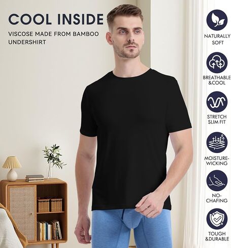 BAMBOO COOL Men’s Undershirts Slim Fit V-Neck/Crewneck, Moisture-Wicking T-Shirts Soft Stretch White Tees for Men, 3 Pack in Kuwait