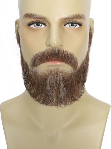 Fake Full Beard with Sideburns for Men, Bushy Human Hair Beard with Soft Lace Backside, Realistic Thick Mustache and Beard Costume for Cosplay, Halloween and Performance (Brown mix with Grey-White) in Kuwait