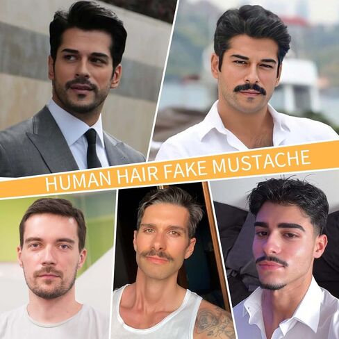 Gx Beauty Fake Realistic Mustache, 100% Human Hair Full Hand Tied Fake Beard, Resilient and Long-Lasting, Lace Invisible Fake Facial Hair for Cosplay, Halloween Costumes, and Drama Movie Makeup(Black) in Kuwait