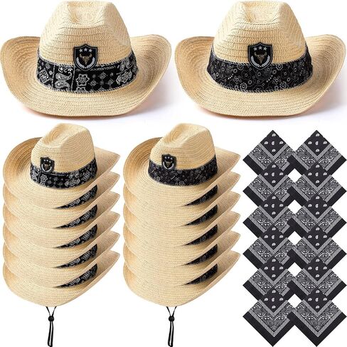 SATINIOR 12 Set Straw Cowboy Hats & Bandanas - Cowboy Party Hat Costume with Head Bandana in Saudi Arabia