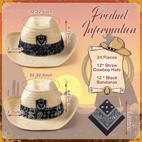 SATINIOR 12 Set Straw Cowboy Hats & Bandanas - Cowboy Party Hat Costume with Head Bandana in Saudi Arabia
