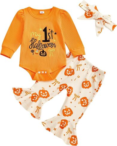 My First Halloween Baby Girl Outfit Newborn Pumpkin Onesie Bell Bottoms Infant 1st Halloween Clothes Costume Sets in Kuwait
