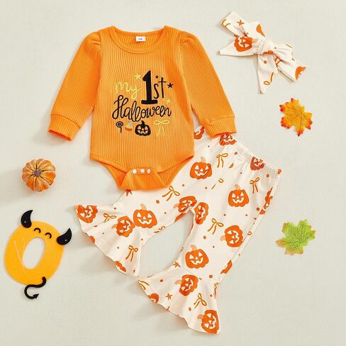 My First Halloween Baby Girl Outfit Newborn Pumpkin Onesie Bell Bottoms Infant 1st Halloween Clothes Costume Sets in Kuwait