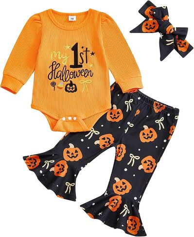 My First Halloween Baby Girl Outfit Newborn Pumpkin Onesie Bell Bottoms Infant 1st Halloween Clothes Costume Sets in Kuwait