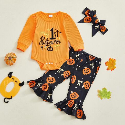 My First Halloween Baby Girl Outfit Newborn Pumpkin Onesie Bell Bottoms Infant 1st Halloween Clothes Costume Sets in Kuwait