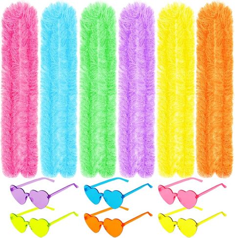 12 PCS Feather Boas Party Pack مع 6 نظارات شمسية من ريشة الاصطناعية الاصطناعية (2M/6.6 قدم) و 6 نظارات شمسية القلب لأعياد الميلاد وحفلات الزفاف وحفلات الشاي وحفلات الأزياء وماردي غرا والهالوين وعيد الميلاد in Kuwait