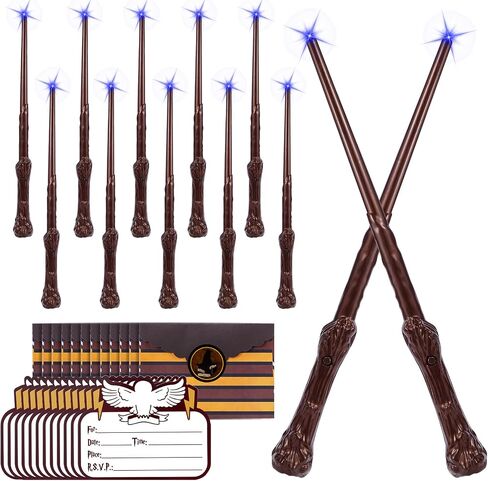 Light Up Wizard Magic Wands - 12PCS Illuminating Sound Witch Toy Wand Set with 12 Invitation Cards & Envelopes - for Kids Party Birthday Gifts, Brown in Saudi Arabia