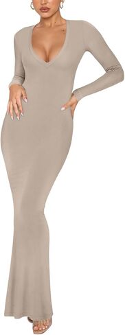 REORIA Women's Long Sleeve Bodycon Maxi Dress Ribbed Sexy V Neck Formal Elegant Long Dresses Cocktail Night Out Club Outfits in Saudi Arabia