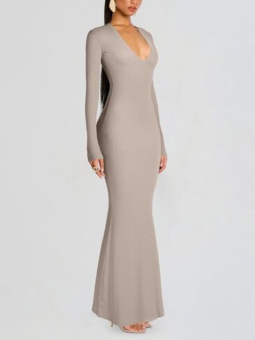 REORIA Women's Long Sleeve Bodycon Maxi Dress Ribbed Sexy V Neck Formal Elegant Long Dresses Cocktail Night Out Club Outfits in Saudi Arabia