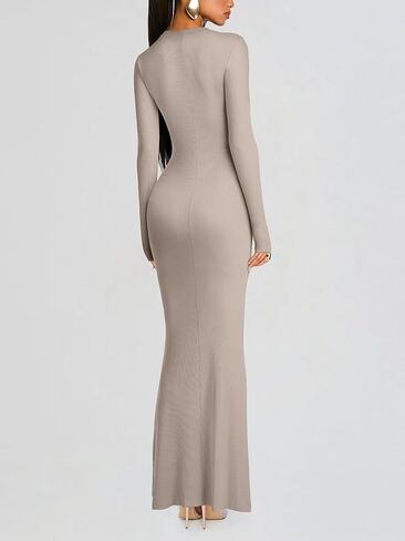 REORIA Women's Long Sleeve Bodycon Maxi Dress Ribbed Sexy V Neck Formal Elegant Long Dresses Cocktail Night Out Club Outfits in Saudi Arabia