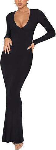 REORIA Women's Long Sleeve Bodycon Maxi Dress Ribbed Sexy V Neck Formal Elegant Long Dresses Cocktail Night Out Club Outfits in Saudi Arabia