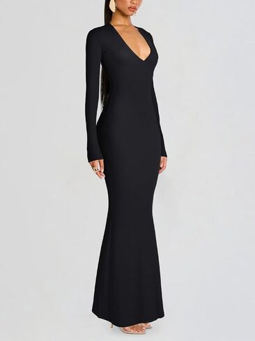 REORIA Women's Long Sleeve Bodycon Maxi Dress Ribbed Sexy V Neck Formal Elegant Long Dresses Cocktail Night Out Club Outfits in Saudi Arabia