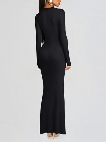 REORIA Women's Long Sleeve Bodycon Maxi Dress Ribbed Sexy V Neck Formal Elegant Long Dresses Cocktail Night Out Club Outfits in Saudi Arabia