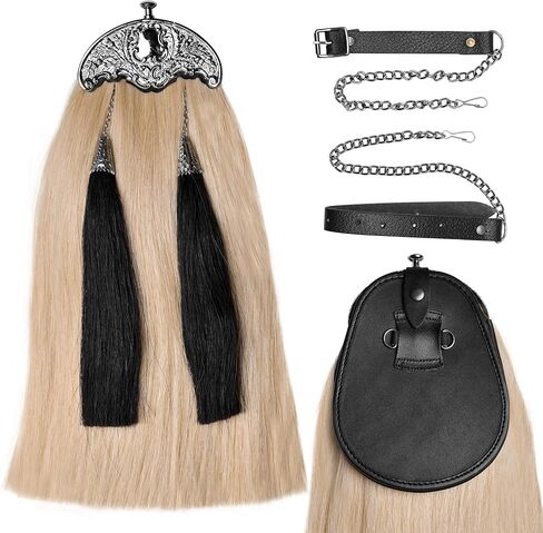 Sporrans Full Dress Horse Hair Sporran w/two black Long horse hair tassels and Chrome Cantle (Thistle Leaf Cantle) in Saudi Arabia