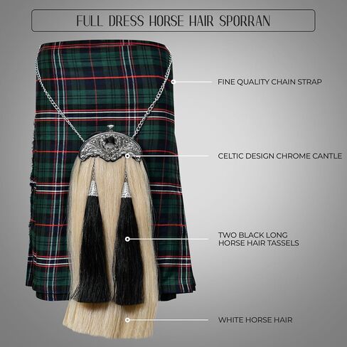 Sporrans Full Dress Horse Hair Sporran w/two black Long horse hair tassels and Chrome Cantle (Thistle Leaf Cantle) in Saudi Arabia