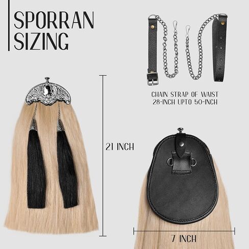 Sporrans Full Dress Horse Hair Sporran w/two black Long horse hair tassels and Chrome Cantle (Thistle Leaf Cantle) in Saudi Arabia