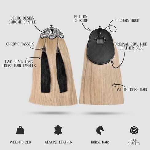 Sporrans Full Dress Horse Hair Sporran w/two black Long horse hair tassels and Chrome Cantle (Thistle Leaf Cantle) in Saudi Arabia