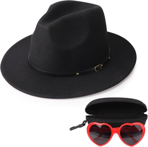 DRESHOW Women Classic Felt Fedora Wide Brim Floppy with Belt Buckle Panama Hat with Cute & Fashion Love Heart Shaped Sunglasses Oversized Eyeglasses Cat Eye Mod Style for Women in Saudi Arabia