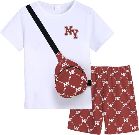 Summer Outfits Boys Fashion Short Sleeve T Shirt Short Set Cross body Bag 3 Piece Causal Outfit Size 7-15 in Kuwait