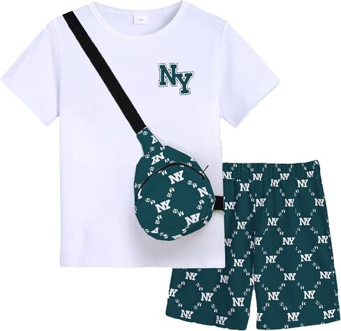 Summer Outfits Boys Fashion Short Sleeve T Shirt Short Set Cross body Bag 3 Piece Causal Outfit Size 7-15 in Kuwait