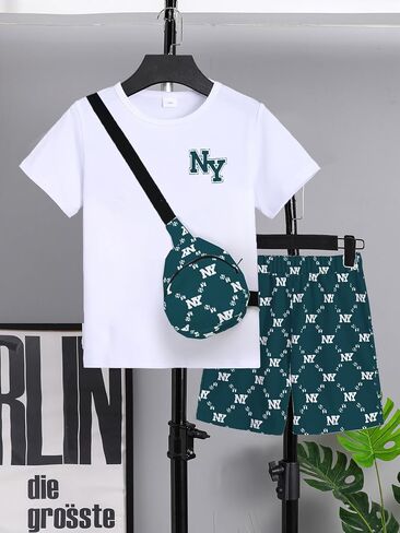 Summer Outfits Boys Fashion Short Sleeve T Shirt Short Set Cross body Bag 3 Piece Causal Outfit Size 7-15 in Kuwait