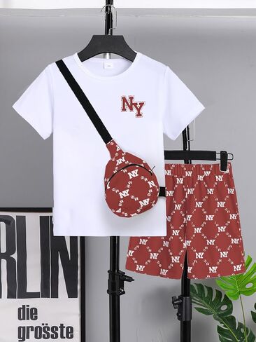 Summer Outfits Boys Fashion Short Sleeve T Shirt Short Set Cross body Bag 3 Piece Causal Outfit Size 7-15 in Kuwait