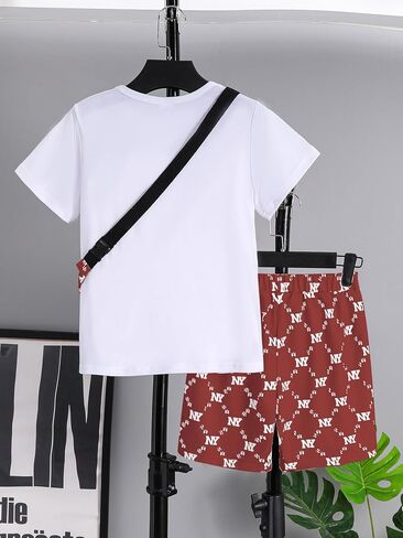 Summer Outfits Boys Fashion Short Sleeve T Shirt Short Set Cross body Bag 3 Piece Causal Outfit Size 7-15 in Kuwait