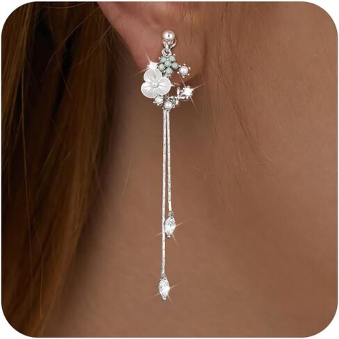 Clip on Earrings Dangle Pearl Drop Clip Earrings for Women Trendy Dangle Chain Dainty Flower Wedding Earrings for Brides 14K Gold Plated Statement Non Pierced Earrings for Women Sparkly Jewelry in Saudi Arabia