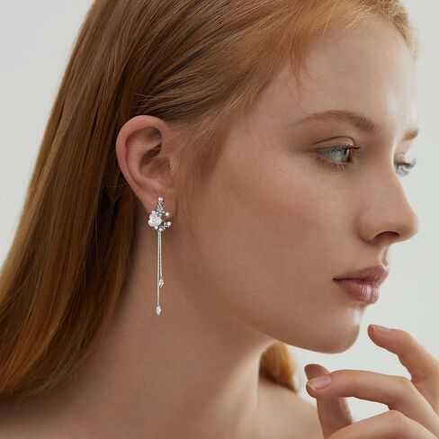 Clip on Earrings Dangle Pearl Drop Clip Earrings for Women Trendy Dangle Chain Dainty Flower Wedding Earrings for Brides 14K Gold Plated Statement Non Pierced Earrings for Women Sparkly Jewelry in Saudi Arabia