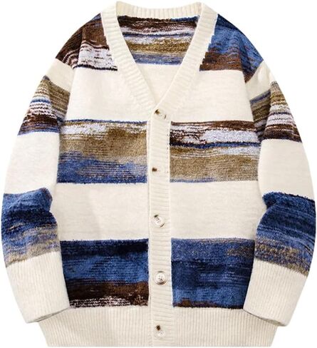 Men's Retro Lazy Striped Cardigan Sweater Solid Color Warm Casual Loose Couple Sweater Jacket in Saudi Arabia