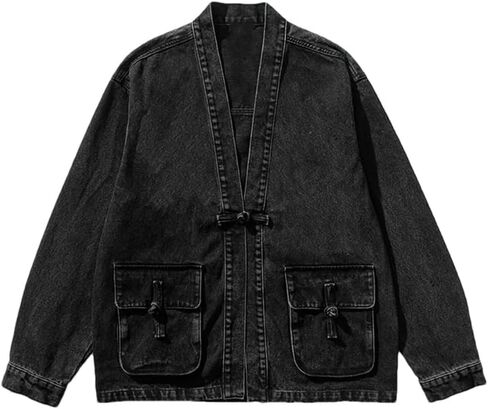 Men's Deep V-Neck Chinese Style Button Design Denim Jacket Solid Color Casual Loose Oversized Chinese Style Denim Jacket in Saudi Arabia