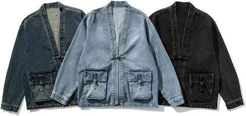 Men's Deep V-Neck Chinese Style Button Design Denim Jacket Solid Color Casual Loose Oversized Chinese Style Denim Jacket in Saudi Arabia