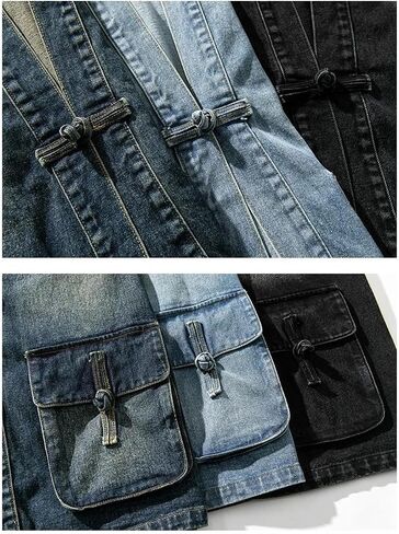 Men's Deep V-Neck Chinese Style Button Design Denim Jacket Solid Color Casual Loose Oversized Chinese Style Denim Jacket in Saudi Arabia