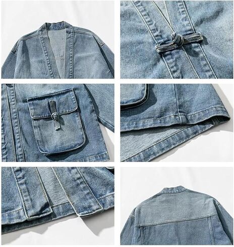 Men's Deep V-Neck Chinese Style Button Design Denim Jacket Solid Color Casual Loose Oversized Chinese Style Denim Jacket in Saudi Arabia