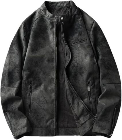 Men's Retro Round Neck Tie Dye Pu Imitation Leather Motorcycle Jacket Solid Color Casual Loose Oversized Jacket in Saudi Arabia