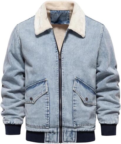 Men's Collar Lambhair Patchwork Denim Jacket Solid Color Casual Loose Thick Warm Denim Jacket in Saudi Arabia